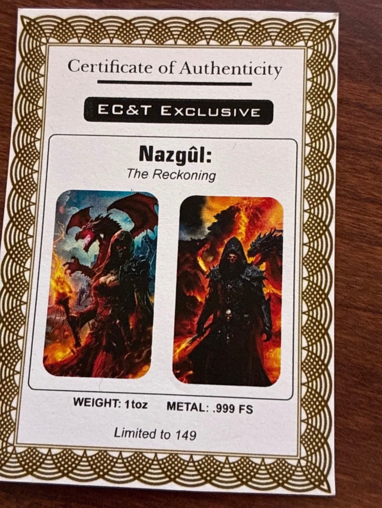 2024 Nazgul The Reckoning 1st Release 1 oz silver Colorized Art Bar w/ COA