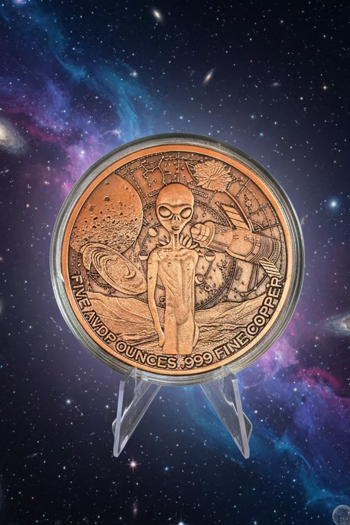 Glow In The Dark Alien 5 OZ Ounces .999 Fine Copper Bullion Round In Capsule